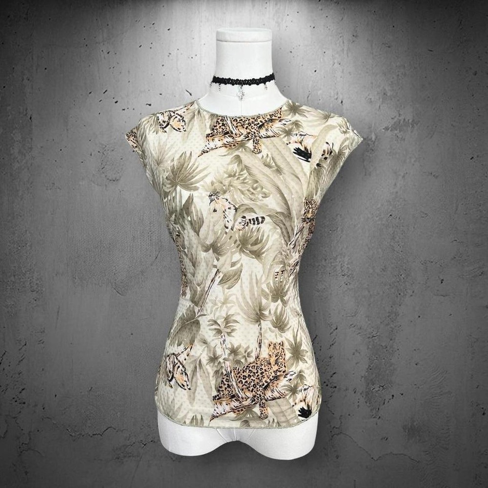 Vintage 90s Y2K Jaipur Leopard Tropical Jungle Print Sequin Top L Khaki Safari